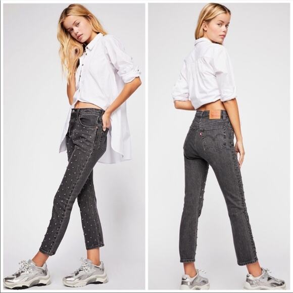 Levi's Denim - Levi’s Premium Gray Studded Denim High Rise 501 Straight Leg Cropped Jeans